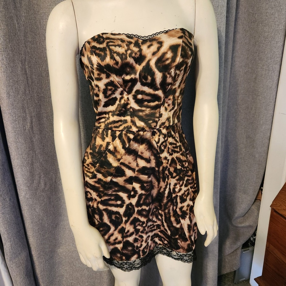 Y2K Speechless Cheatah Print Satin‎ Strapless Bodycon Mini Dress Sz 3 Baddy Girl